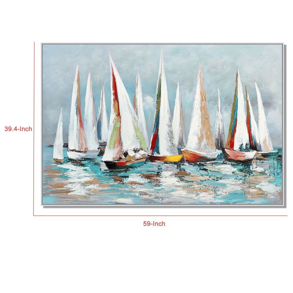 Hy 39 x 59 Hand Painted Multicolor Floating Boats Modern White Frame By Casagear Home BM298935