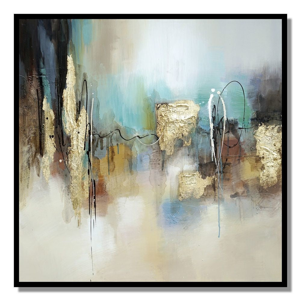 Wall Art | 47 x 47 | Abstract Hand Painted | Gold Foil | Black Frame