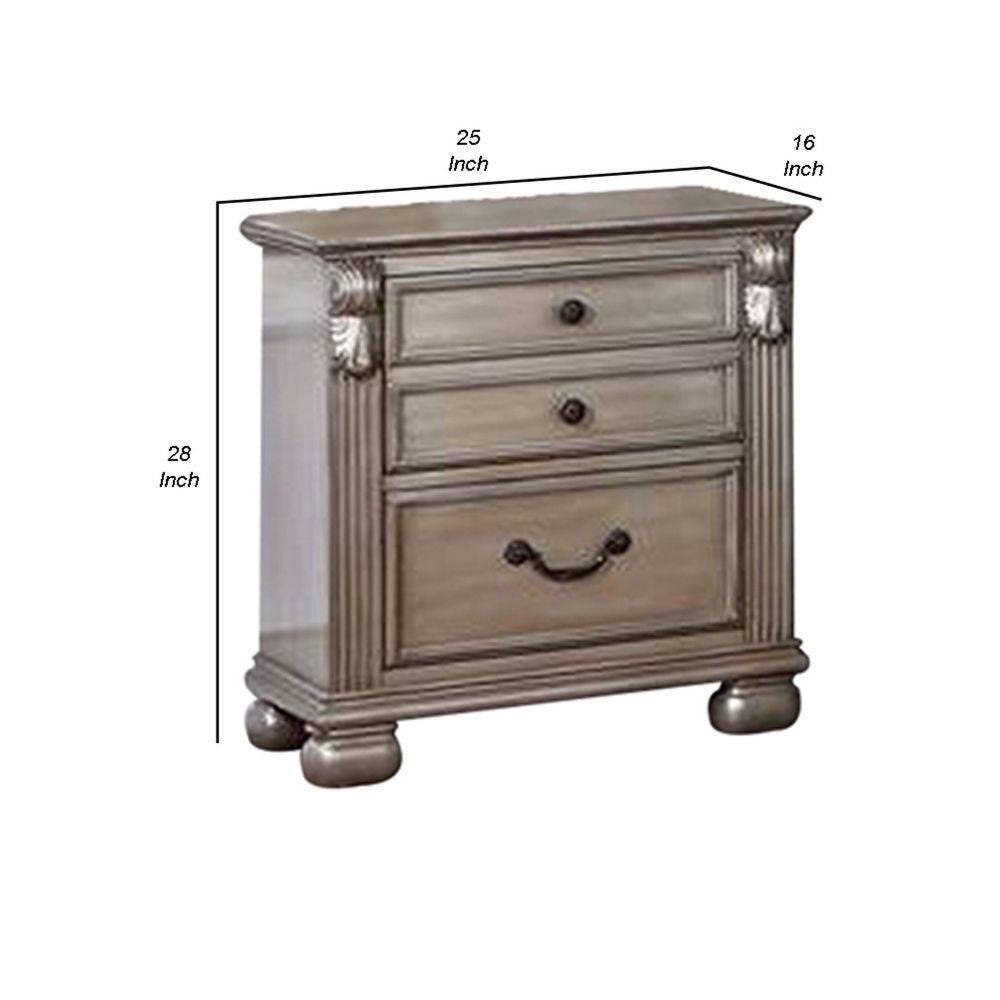 Aza 28 Inch Classic 3 Drawer Nightstand Metal Drop Handles Champagne Gold By Casagear Home BM298946