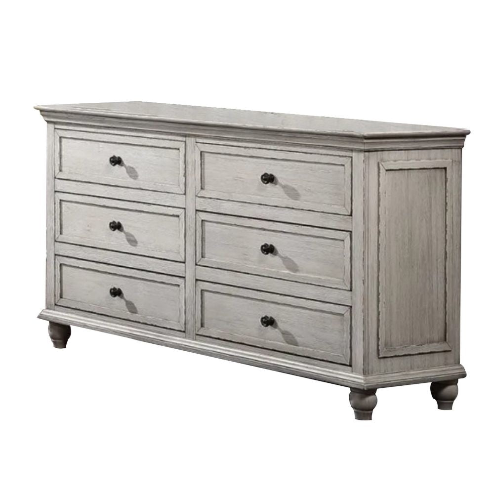 Zea 58 Inch Wood Dresser, 6 Drawers with Black Knobs, Turnip Legs, Gray By Casagear Home
