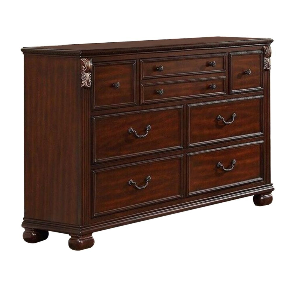 Miri 59 Inch 8 Drawer Dresser, Brass Carved Trim Accents, Cherry Oak Brown By Casagear Home