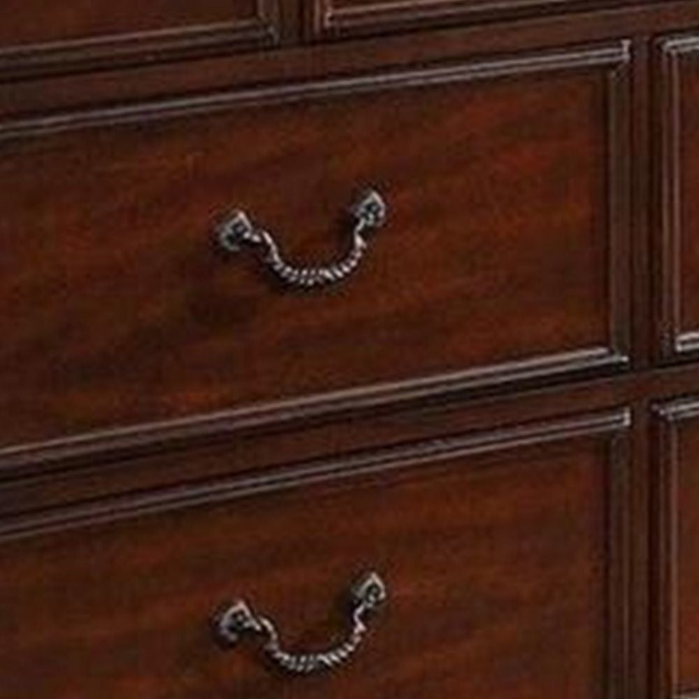 Miri 59 Inch 8 Drawer Dresser Brass Carved Trim Accents Cherry Oak Brown By Casagear Home BM298962