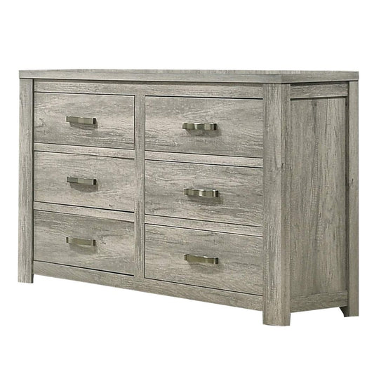 Yuna 59 Inch 6 Drawer Dresser, Silver Metal Bar Handles, Wood Grain Gray By Casagear Home