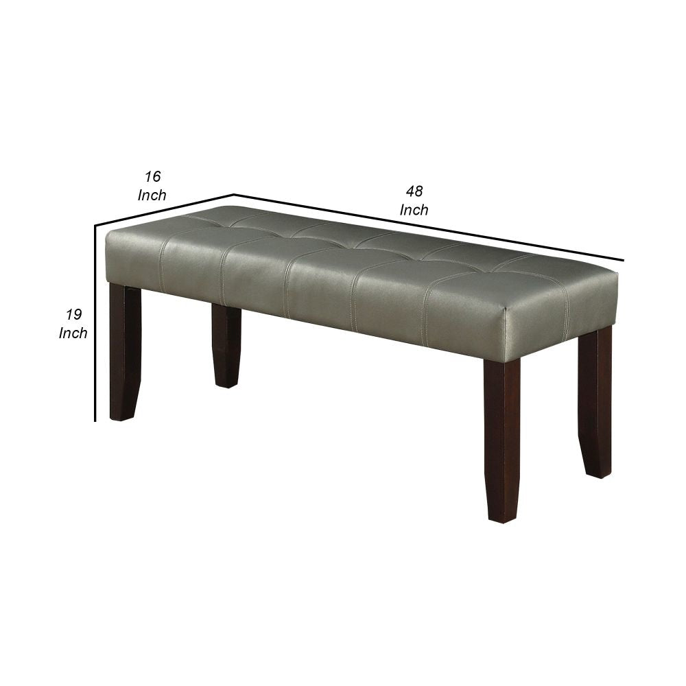 48 Inch Rectangular Dining Bench with Tufted Seat Silver Faux Leather By Casagear Home BM298983