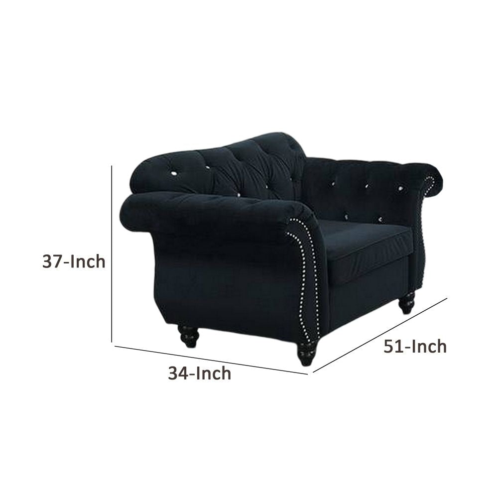 Rima 51 Inch Classic Accent Chair Velvet Upholstery Rolled Arms Black By Casagear Home BM298991