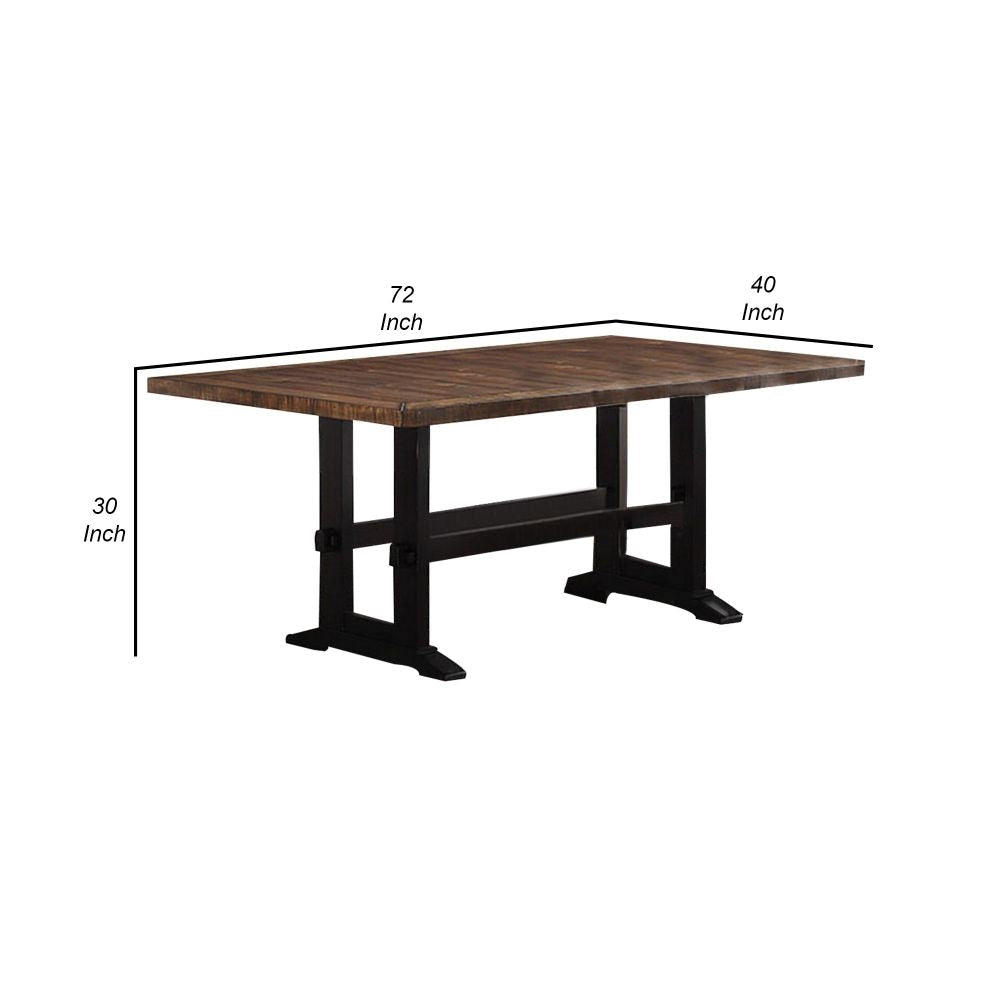 72 Inch Rectangular Dining Table Black Trestle Base Rustic Oak Brown Wood By Casagear Home BM299024