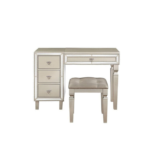 Sosi 47 Inch Vanity Desk Set, Padded Stool, Mirror Inlaid Drawers, Silver By Casagear Home