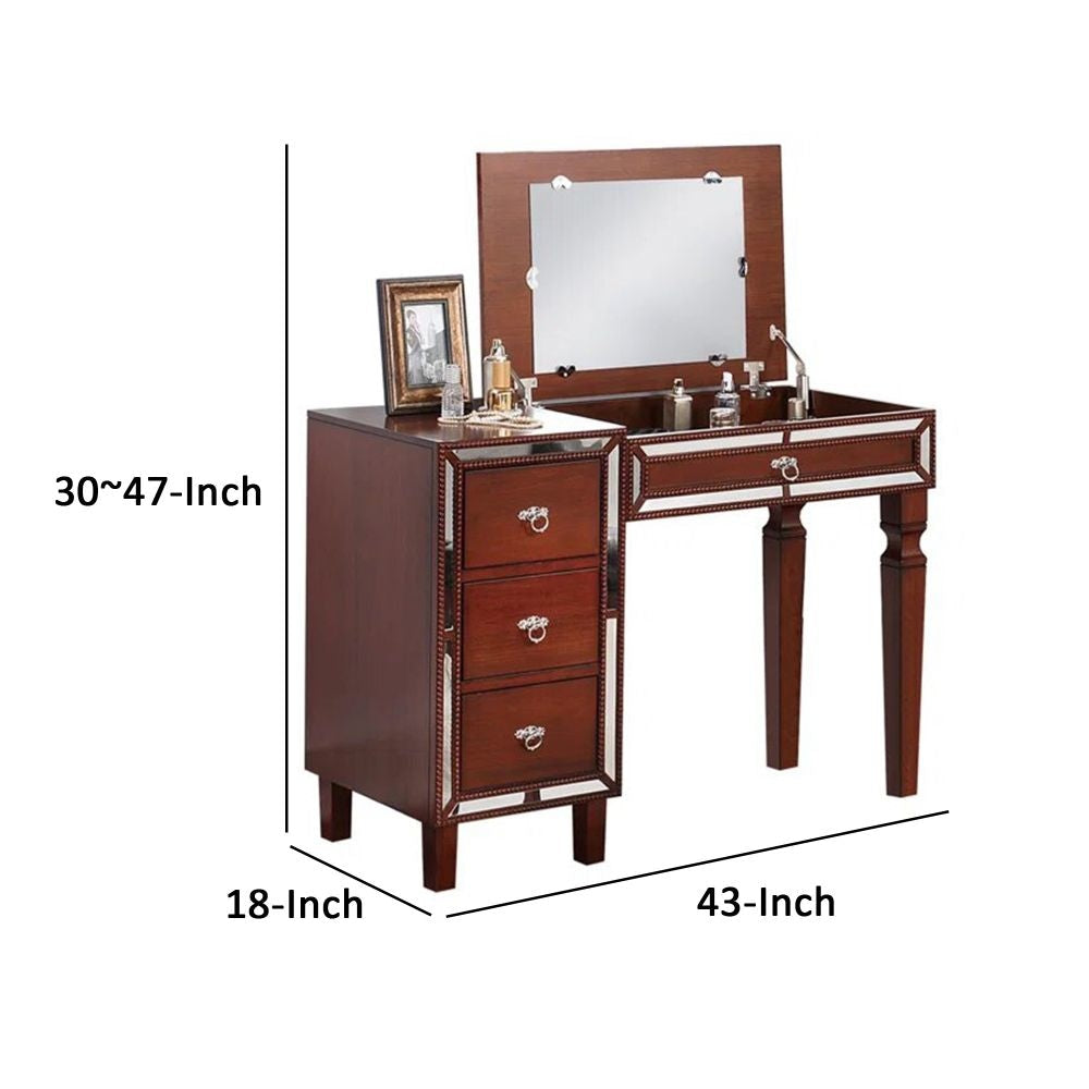 Sosi 47 Inch Vanity Desk Set with Stool 3 Mirror Inlaid Drawers Brown By Casagear Home BM299029