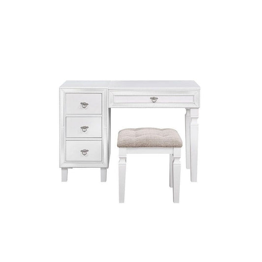 Sosi 47 Inch Vanity Desk Set with Stool, 3 Mirror Inlaid Drawers, White By Casagear Home