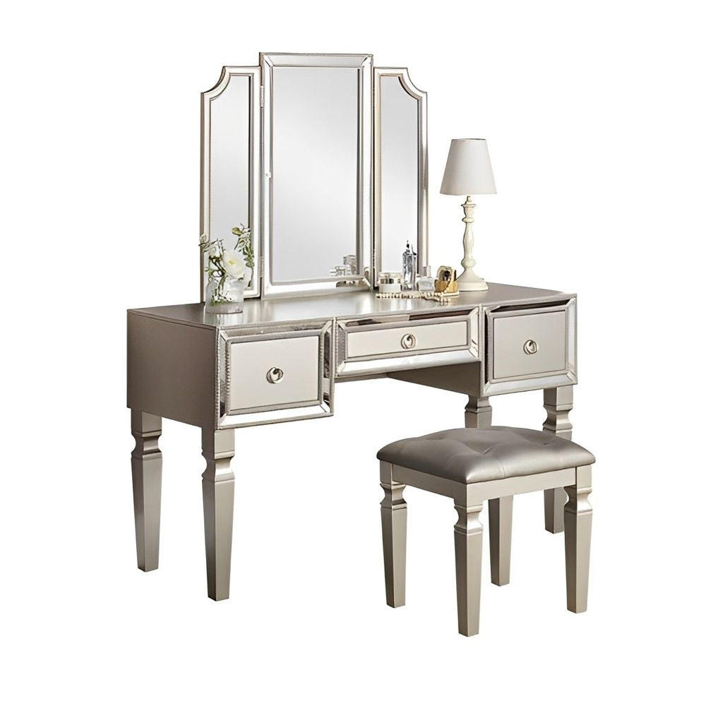Thuy 60 Inch Vanity Desk Set, Upholstered Stool, Trifold Mirror, Silver By Casagear Home