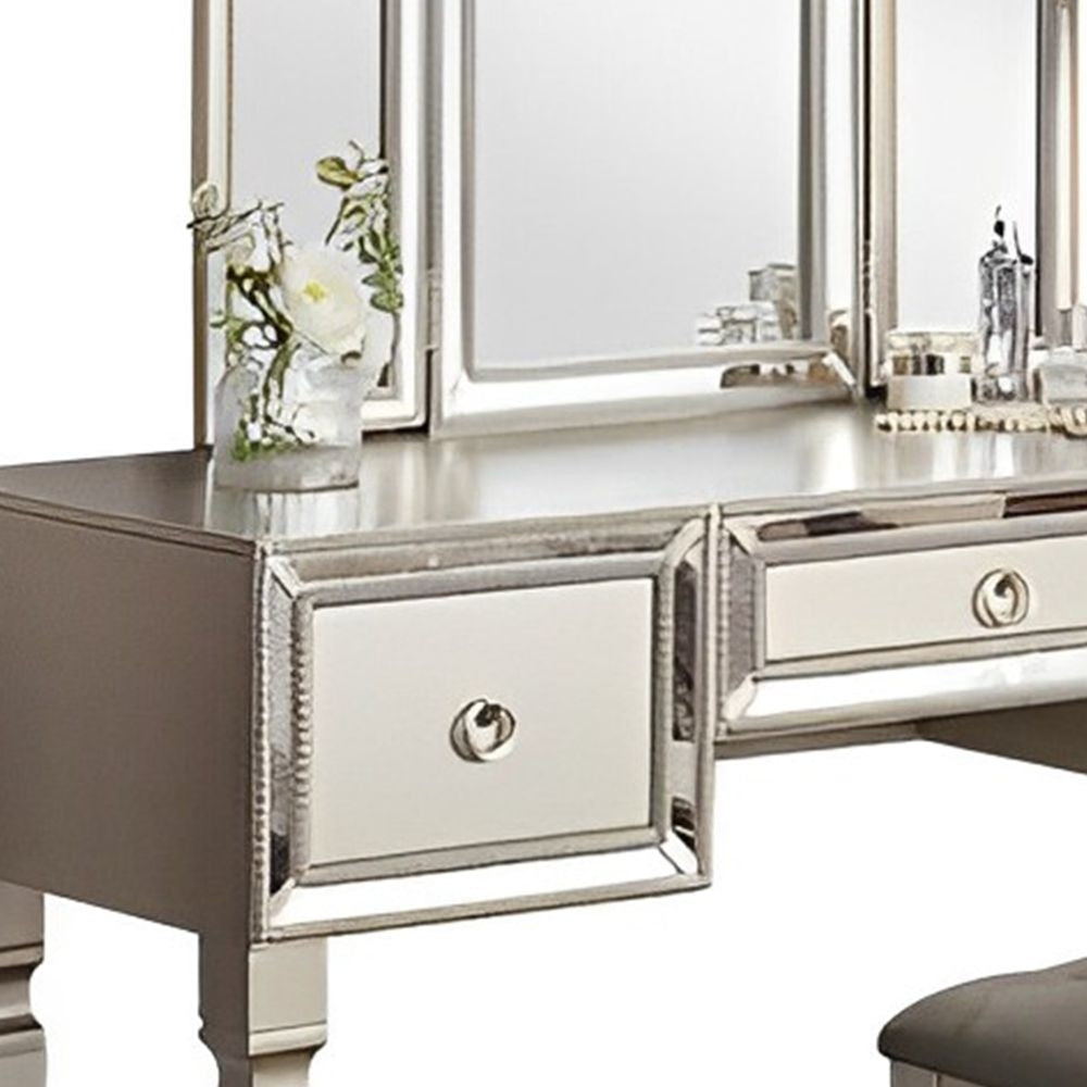 Thuy 60 Inch Vanity Desk Set Upholstered Stool Trifold Mirror Silver By Casagear Home BM299054