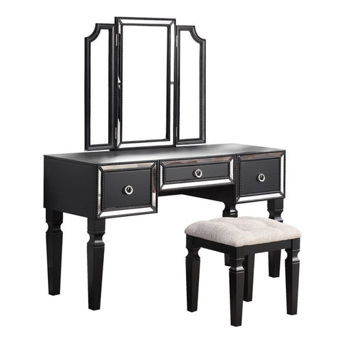 Thuy Vanity Set | 60" | Upholstered Stool | Trifold Mirror | Black