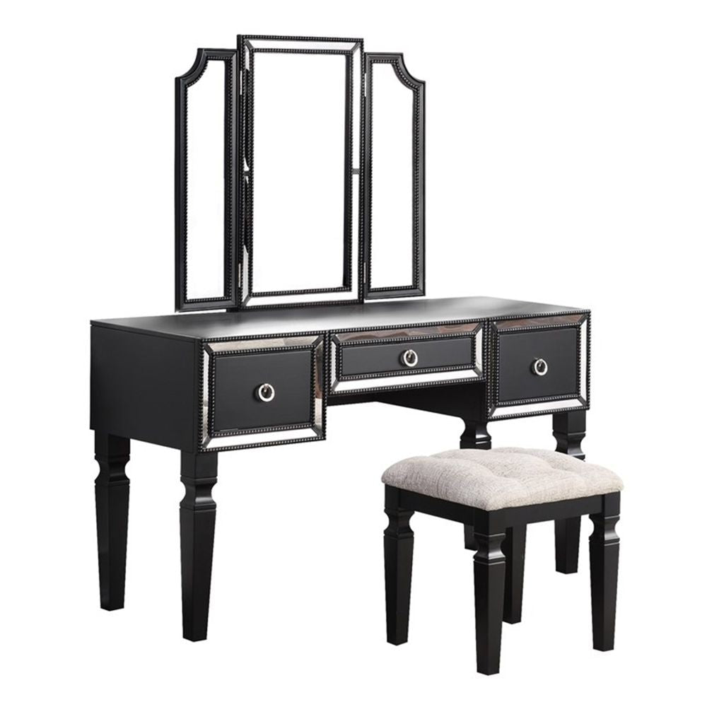 Thuy 60 Inch Vanity Desk Set, Upholstered Stool, Trifold Mirror, Black By Casagear Home
