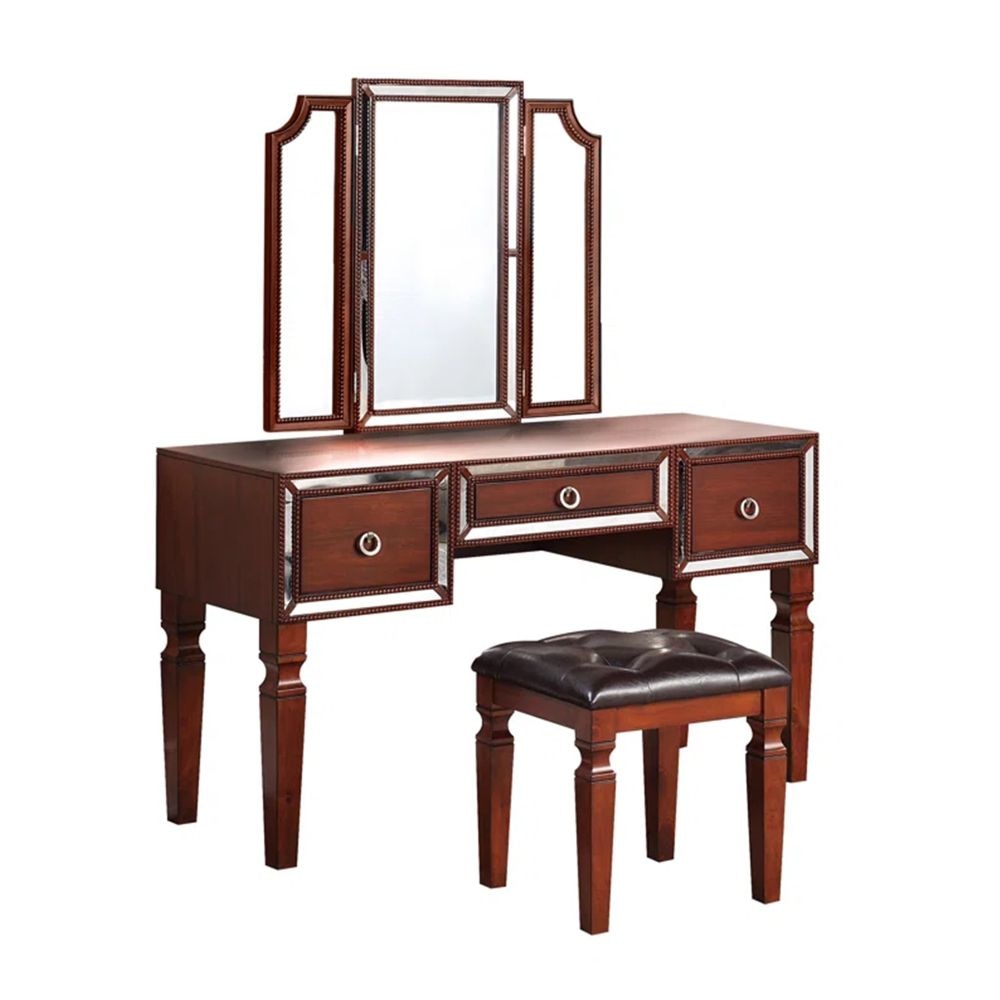 Thuy Vanity Set | 60" | Upholstered Stool | Trifold Mirror | Brown