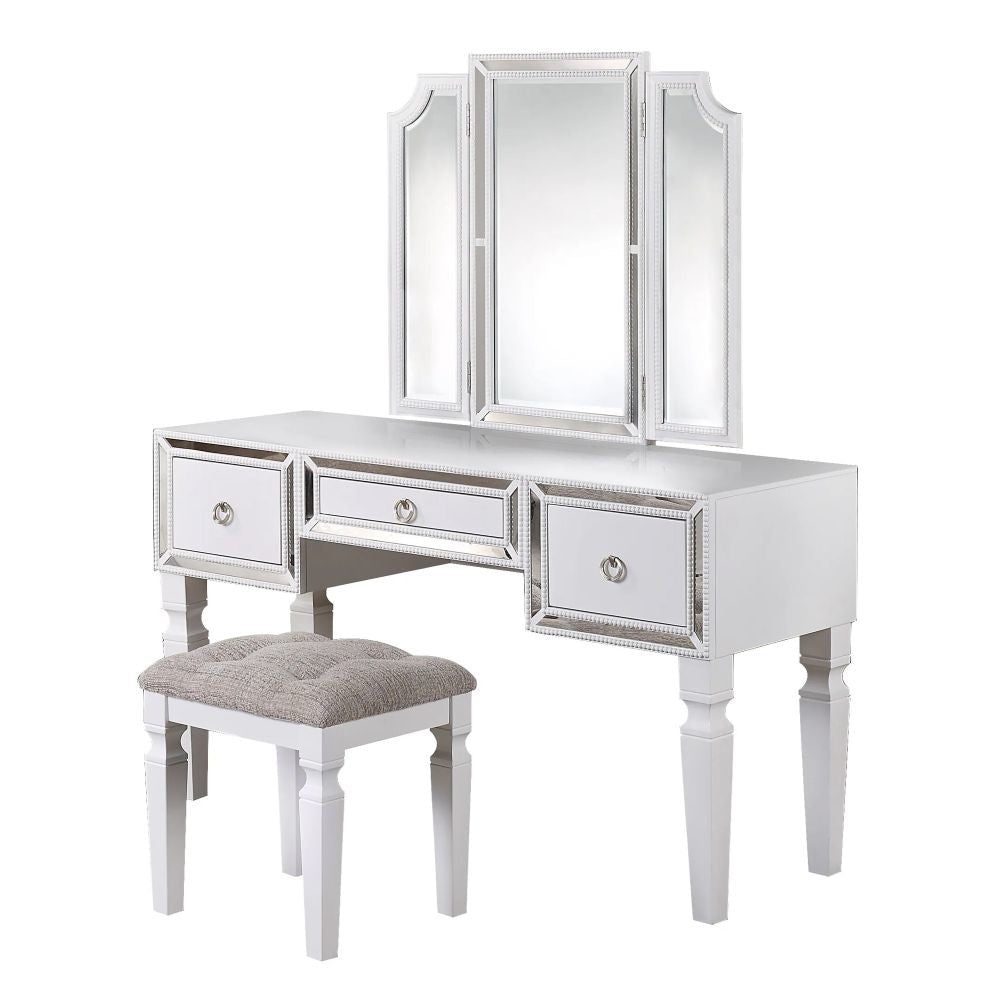 Thuy 60 Inch Vanity Desk Set, Upholstered Stool, Trifold Mirror, White By Casagear Home