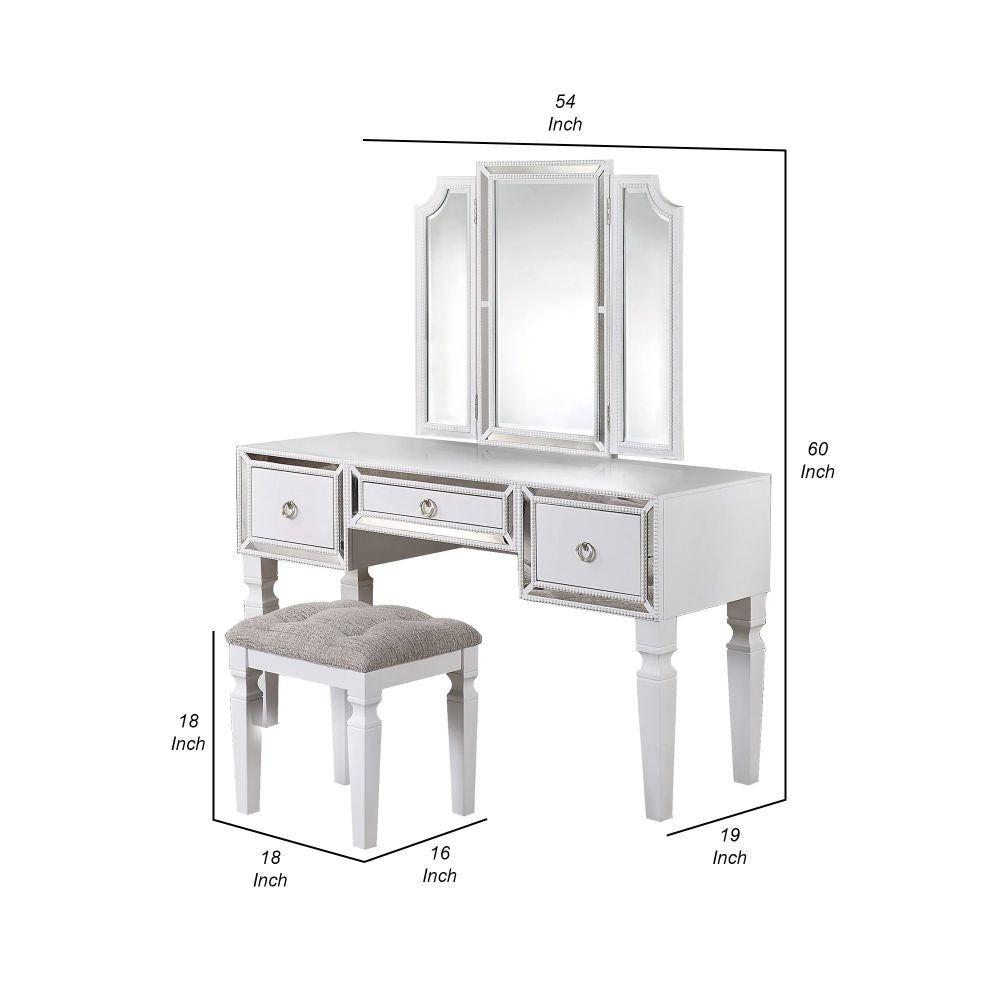 Thuy 60 Inch Vanity Desk Set Upholstered Stool Trifold Mirror White By Casagear Home BM299057