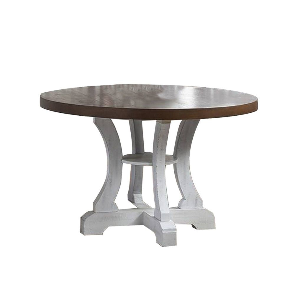 Neci 54 Inch Round Dining Table, White Pedestal, Distressed Brown and White By Casagear Home