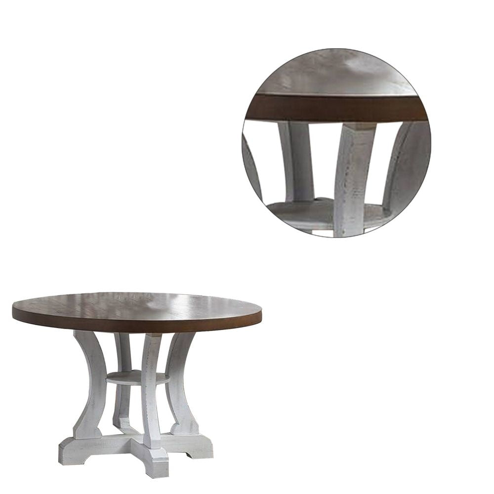 Neci 54 Inch Round Dining Table White Pedestal Distressed Brown and White By Casagear Home BM299065