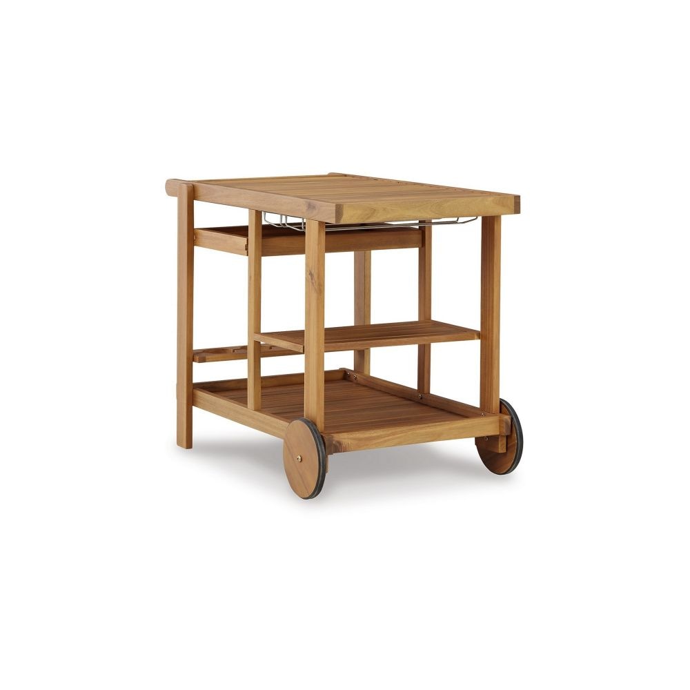 Clio 39 Inch Outdoor Serving Cart Slatted Removable Tray Brown Wood By Casagear Home BM299185