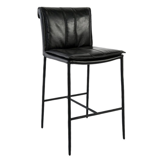 Iva 27 Inch Counter Stool Chair, Rolled Back, Iron, Black Top Grain Leather By Casagear Home