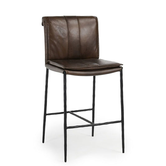 Iva 27 Inch Counter Stool Chair, Rolled Back, Iron, Dark Brown Leather  By Casagear Home