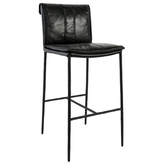 Iva 31 Inch Bar Stool Chair, Padded, Rolled Back, Black Top Grain Leather By Casagear Home