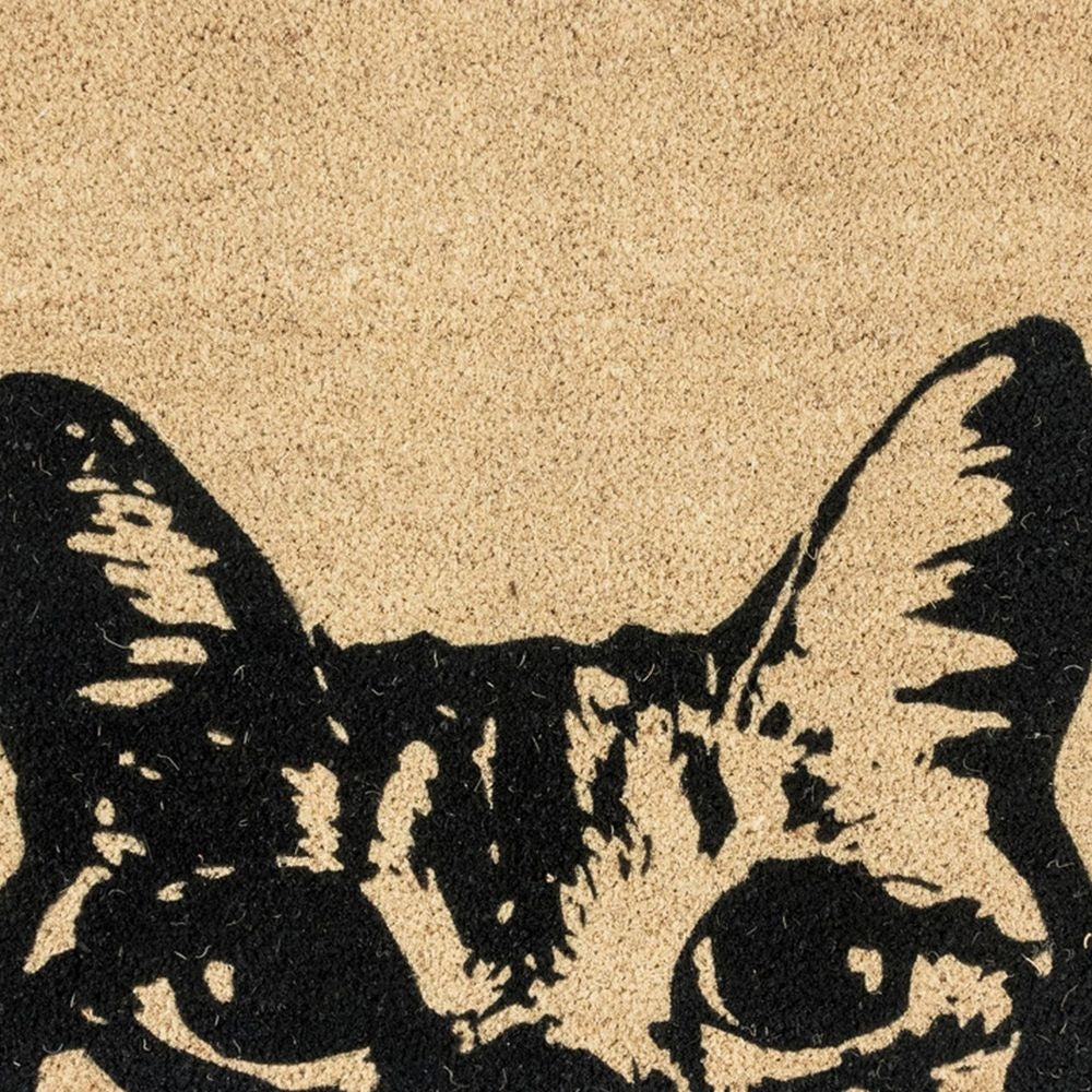 24 x 36 Machine Made Coir Doormat Black Cat Print Design Ivory Taupe Base By Casagear Home BM299358