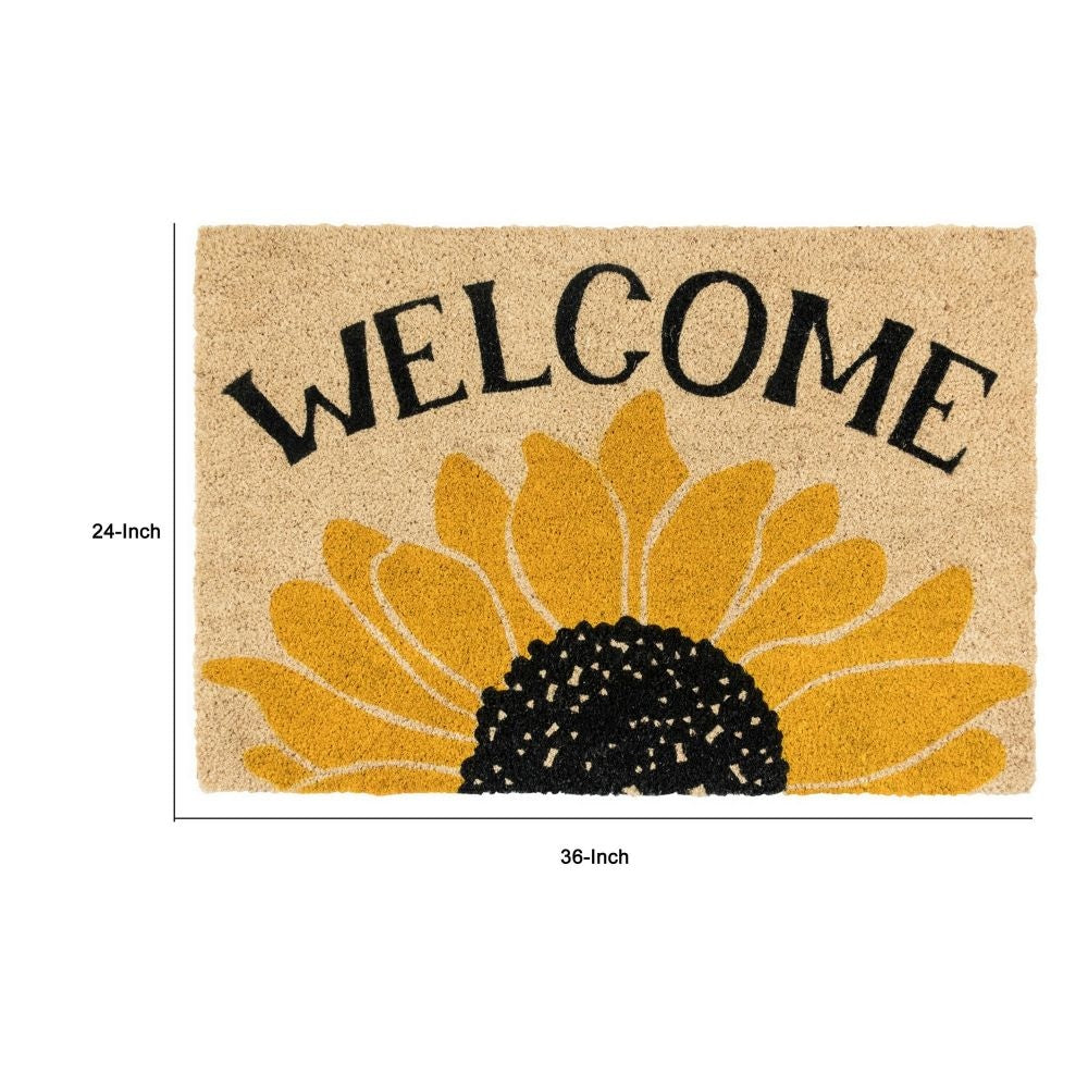 24 x 36 Coir Welcome Doormat Black Yellow Sunflower Print Ivory Base By Casagear Home BM299361
