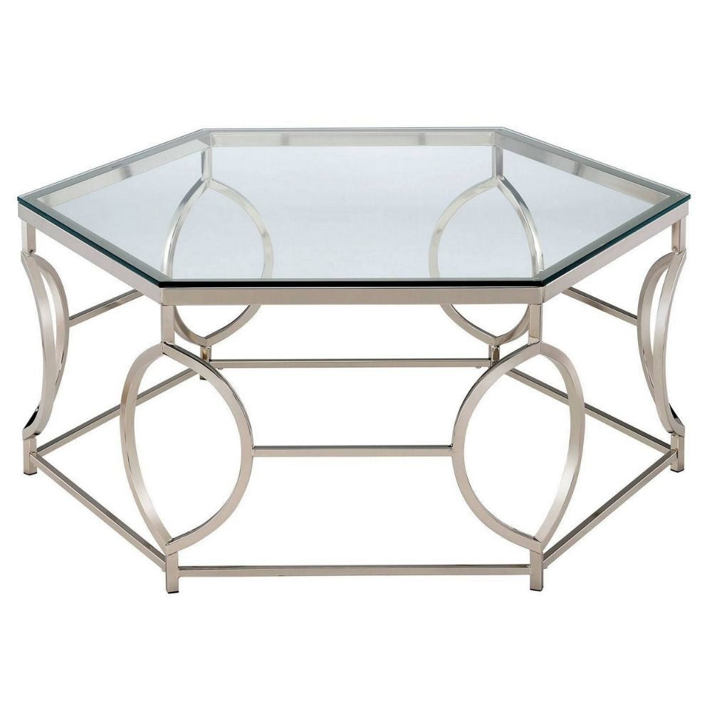 Slade 40" Coffee Table, Hexagonal, Geometric Base, Chrome By Casagear Home