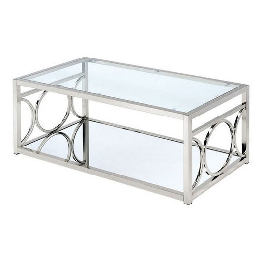 Paire 47" Coffee Table, Glass Top, Mirrored Bottom Shelf By Casagear Home