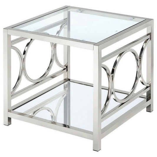 Paire 24" Side End Table, Glass Top, Mirrored Bottom Shelf By Casagear Home