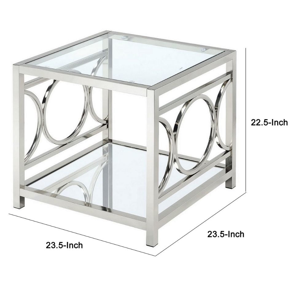 Paire 24 Side End Table Glass Top Mirrored Bottom Shelf By Casagear Home BM300670