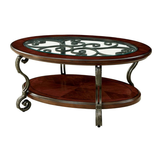 48" Oval Coffee Table, Glass Top, Scrolled Metal Legs, Brown By Casagear Home