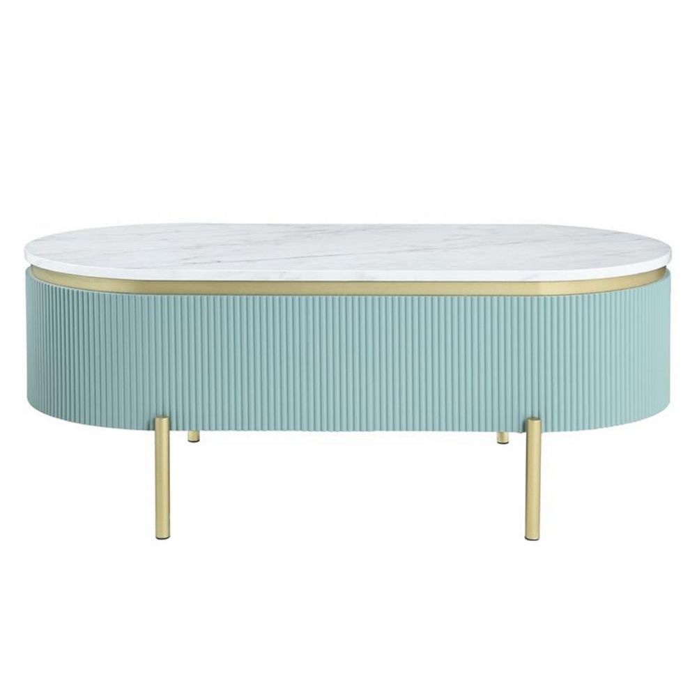 Ville 48 Oblong Coffee Table Faux Marble Top Teal White By Casagear Home BM300712
