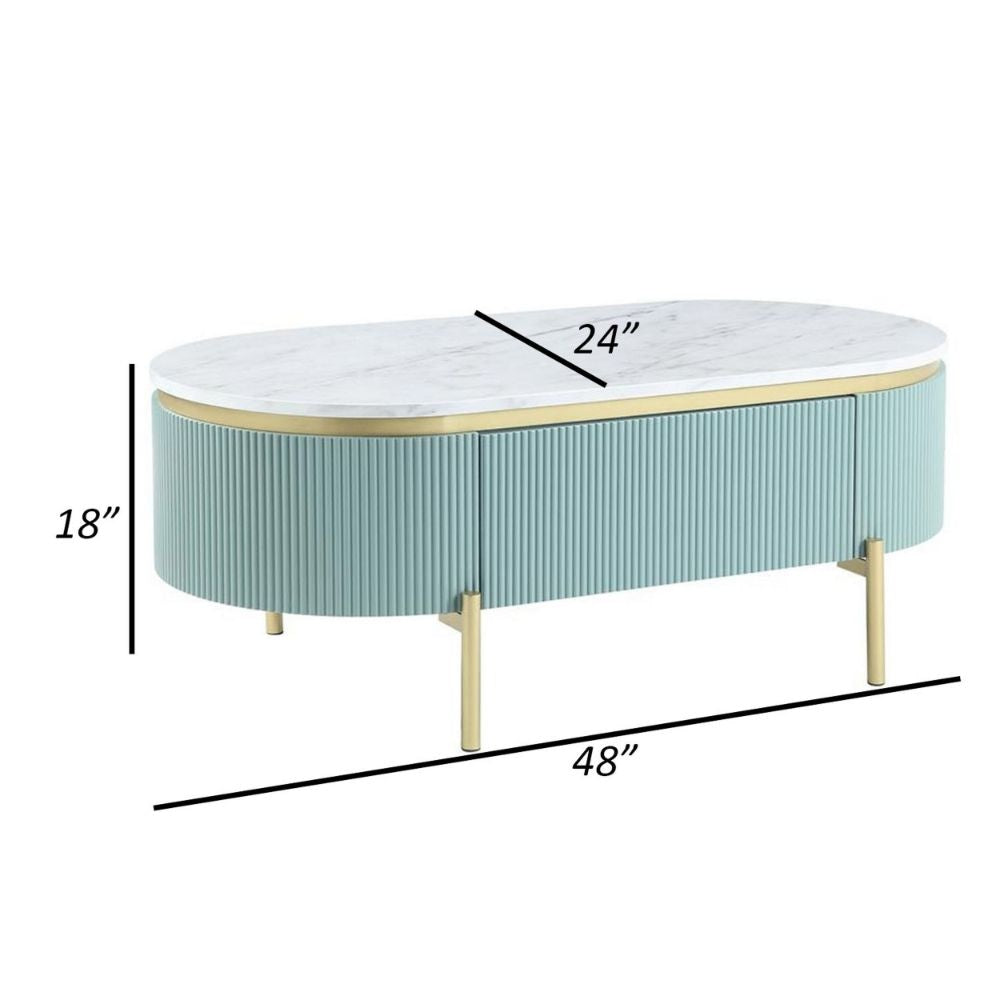 Ville 48 Oblong Coffee Table Faux Marble Top Teal White By Casagear Home BM300712