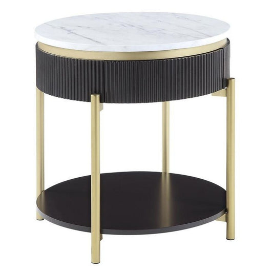 Ville 23" Round Side End Table, White Faux Marble Top, Brown By Casagear Home