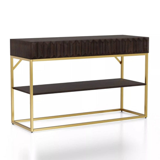 Bran 48" Sofa Console Table, Gold Steel Base, Brown Wood By Casagear Home