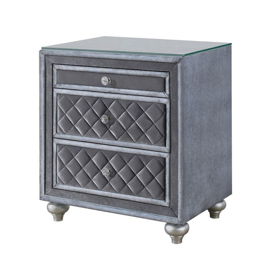 Yin 30" 3 Drawer Nightstand, Crystal Knobs, Gray Velvet By Casagear Home
