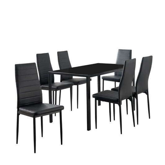 Ned 7 Piece Dining Set, Black Faux Leather, Tall Back Chairs By Casagear Home