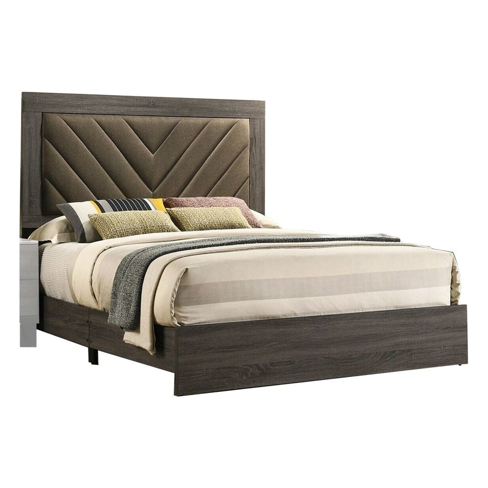Cato King Size Bed, Upholstered Brown Headboard, Gray By Casagear Home