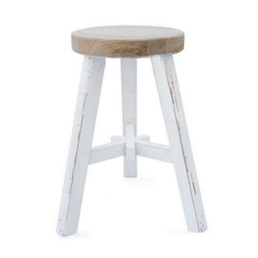 17" Accent Stool, Brown Seat, Hand Painted White Tripod Legs By Casagear Home