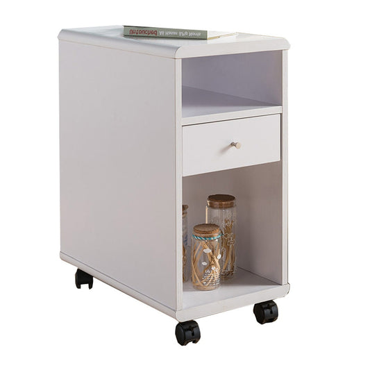 20 Inch Rolling Chairside Table, Single Drawer, 2 Open Shelves, Crisp White By Casagear Home
