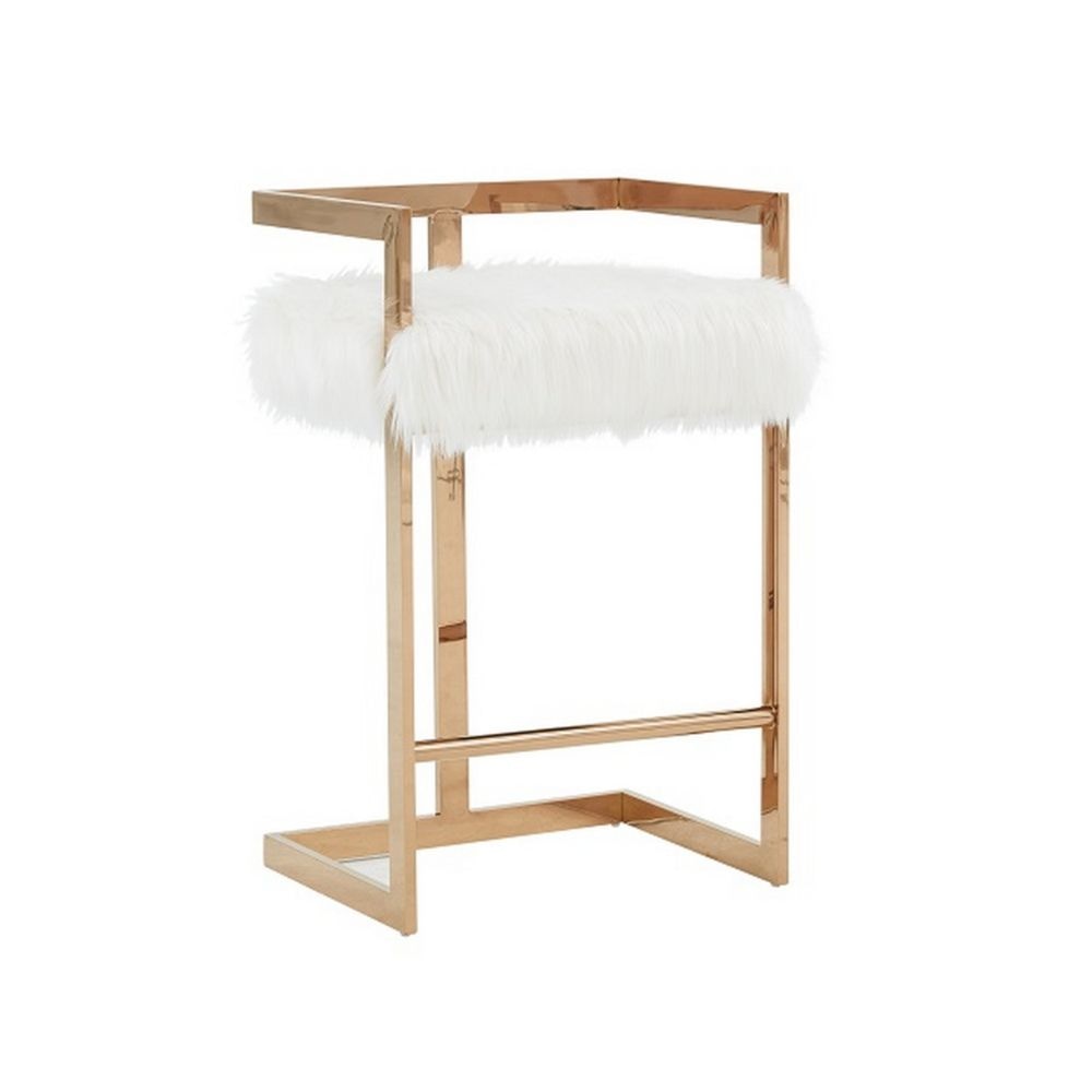 26" Counter Stool, Gold Metal Frame, White Faux Fur Seating By Casagear Home
