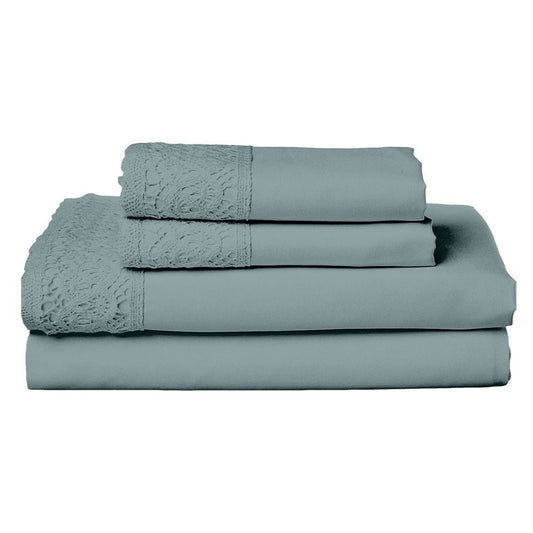 Edra 4 Piece Microfiber Queen Sheet Set with Lace, Teal Gray By Casagear Home