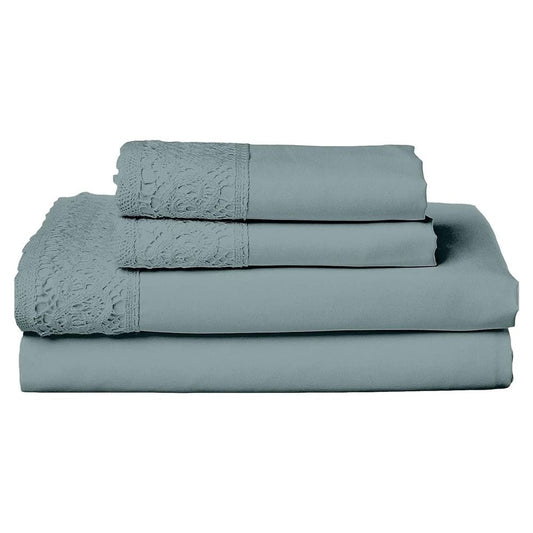 Edra 4 Piece Microfiber King Sheet Set with Lace, Teal Gray By Casagear Home
