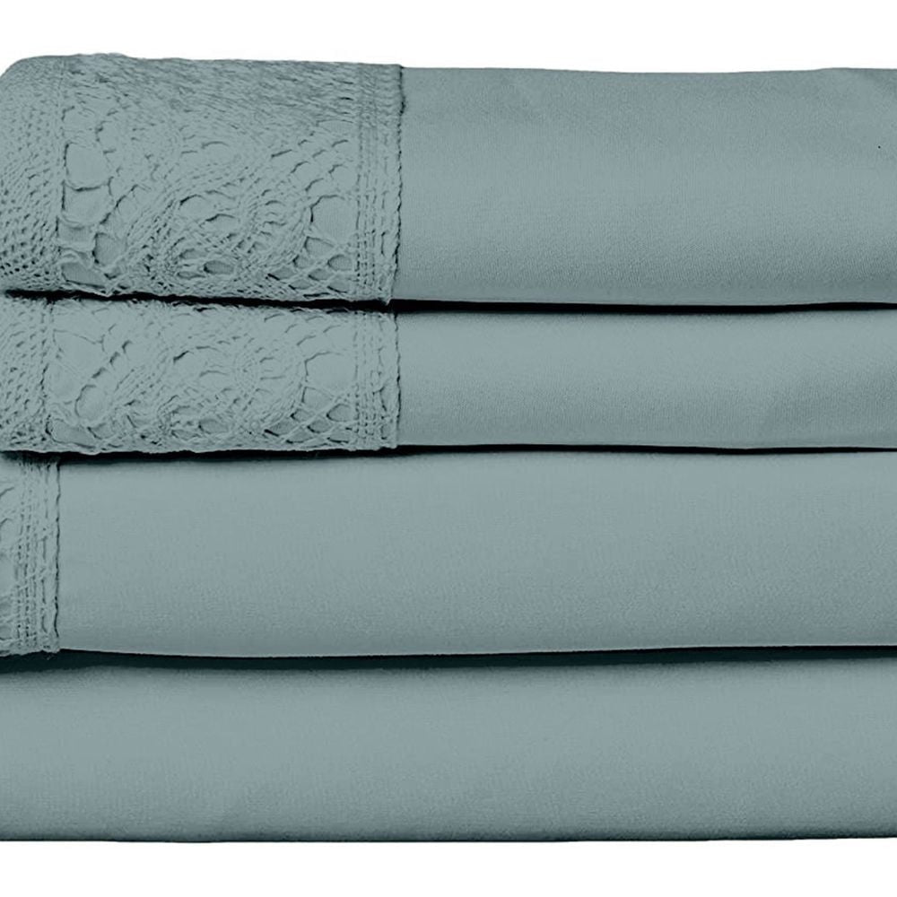 Edra 4 Piece Microfiber King Sheet Set with Lace Teal Gray By Casagear Home BM301871