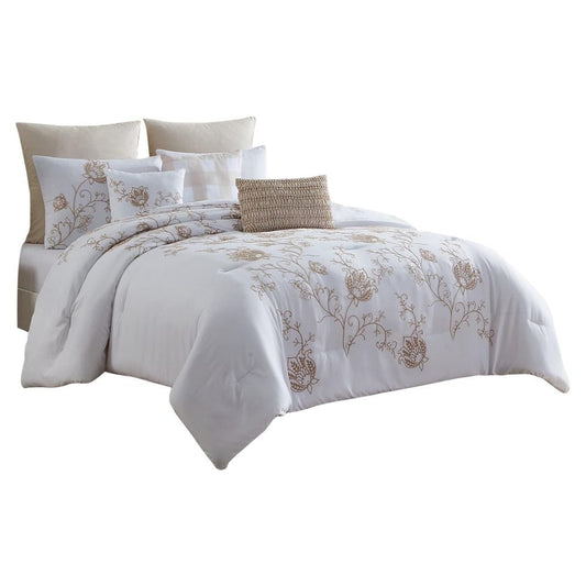 Miki 8 Piece King Comforter Set, Embroidery, White, Beige By Casagear Home