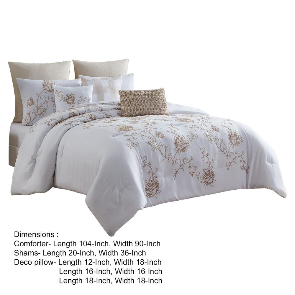 Miki 8 Piece King Comforter Set Embroidery White Beige By Casagear Home BM301918