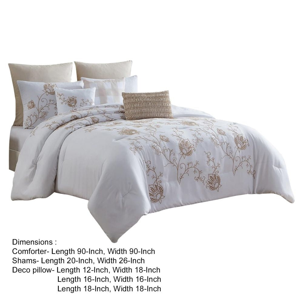 Miki 8 Piece Queen Comforter Set Embroidery White Beige By Casagear Home BM301919