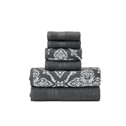 Naja 6 Piece Cotton Towel Set, Jacquard Pattern, White, Gray By Casagear Home